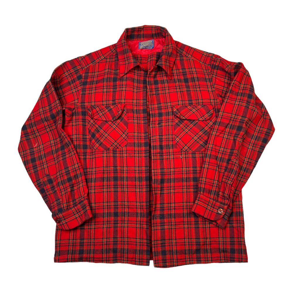 Pendleton VTG 60s Plaid Wool Board Shirt Loop Collar Flap Pocket FLAW Red Medium